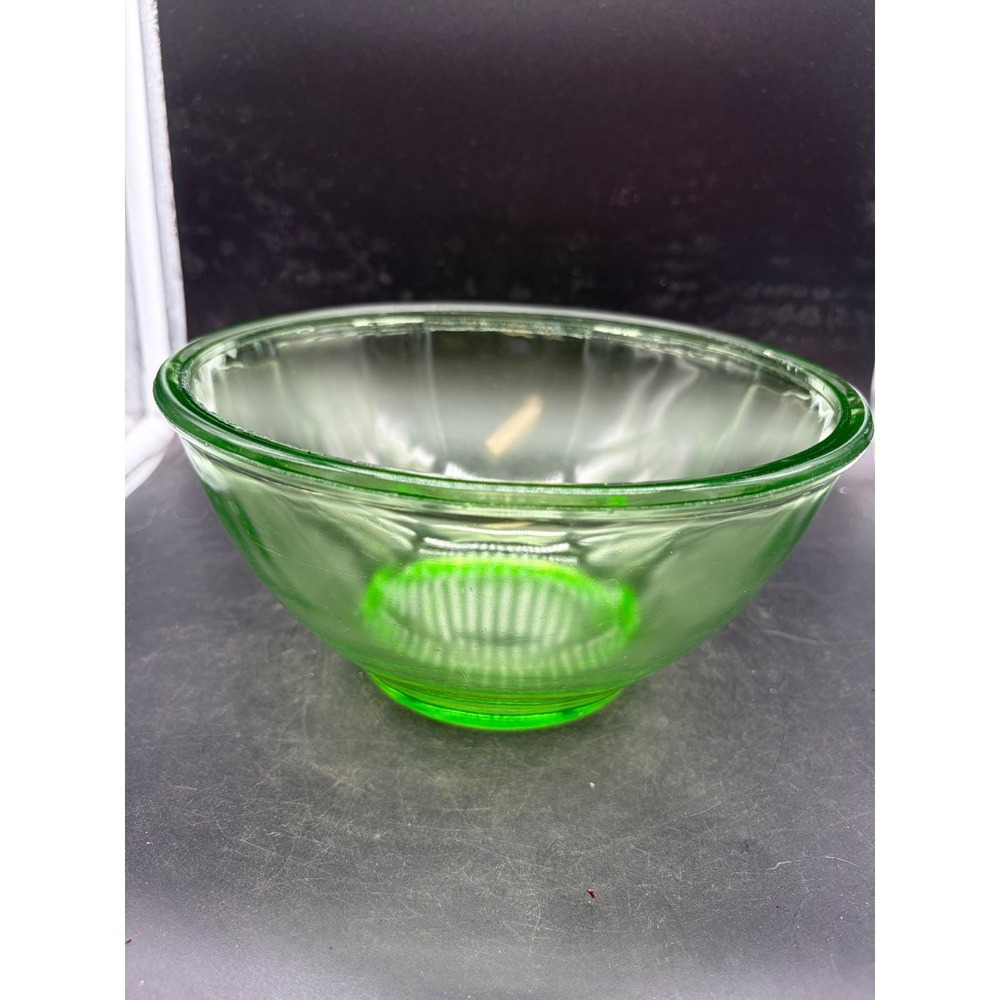 Vintage Hazel-Atlas Green Uranium Glass Mixing Bowl Ribbed Depression Glass 8.5"